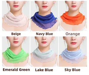 Detail view of mesh silk neck gaiters in beige, navy, orange, green, and blue colors