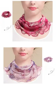 Detail of sheer mesh silk neck gaiter with floral prints and delicate wavy edges