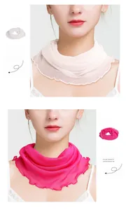 Detail of silk mesh neck gaiter with ruffled edges in white and rose red colors