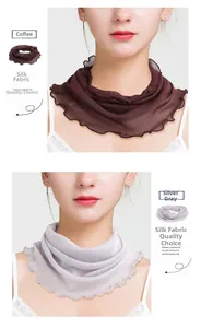 Detail of silk mesh neck gaiter with ruffled edges in coffee and silver grey colors