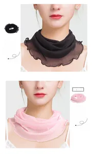 Detailed close-up of pure silk mesh neck gaiters with lettuce edges in black and pink
