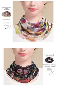 Detail of floral silk mesh neck warmer showing lightweight fabric and wavy edges