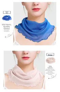 Detail of silk mesh neck gaiter in royal blue and beige with elegant wavy edges
