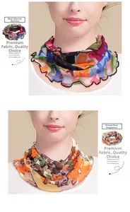Detail of silk mesh neck gaiter with elastic ruffled edges in floral print pattern