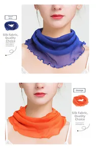 Detailed texture of navy and orange silk mesh neck gaiter with lettuce edge details