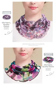 Close-up of silk knit neck gaiter showing purple floral and colorful abstract patterns