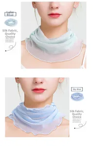 Detailed texture of pure silk mesh neck scarf with ruffled edges in blue shades