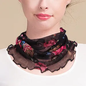 Women Mulberry Silk Neck Gaiter Mesh Sun Protection Printed Scarf Ruffle Edge Lightweight Elegant Tube Scarf Neck Wrap