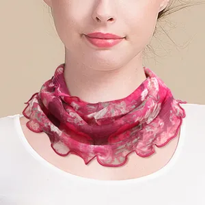 Floral silk neck gaiter for women featuring rose red patterns and ruffled edges