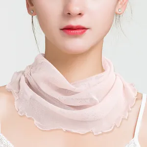 Light pink silk mesh neck warmer scarf with breathable ruffled edges for sun protection