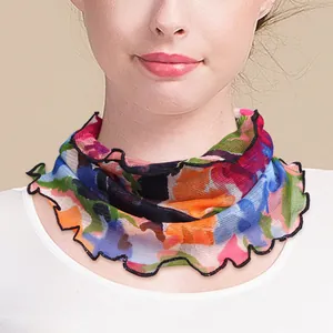 Floral print mesh neck gaiter with ruffled edges and lightweight silk knit for sun protection