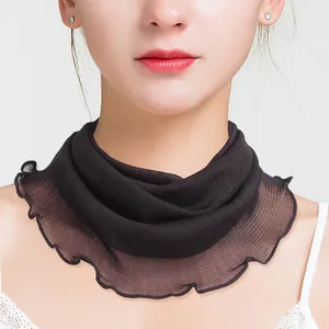 Breathable black silk mesh neck gaiter with decorative wavy edges for women