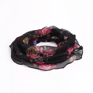 Women's silk mesh neck gaiter with vibrant floral print and ruffled hem for summer