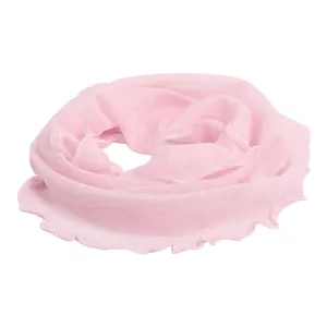 Pink silk mesh infinity scarf with ruffled edges for women in lightweight knit material