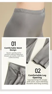 Detailed view of elastic waistband and hem stitching on grey silk knit pencil pants