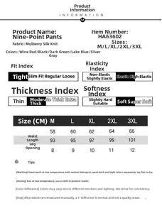 Detailed size chart and washing instructions for women's silk knit pencil pants and leggings