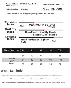 Size guide for silk sleeveless top showing measurements from M to 3XL and fabric details