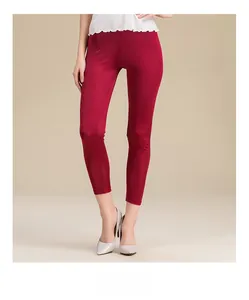 Slim fit silk knitted wine red ankle leggings for women shown with grey heels