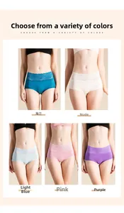Detailed view of silk knit lace panties in sea blue, nude, light blue, pink and purple