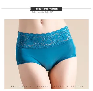 Detailed view of high waist mulberry silk briefs with premium blue lace embroidery