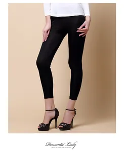 Close-up of women's black silk knit cropped leggings featuring a slim fit and elastic fabric