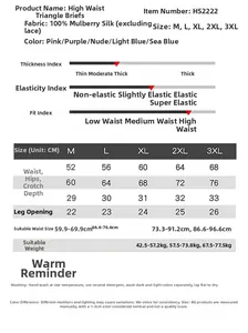 Size chart showing high waist silk panties measurements and material specifications