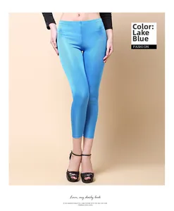 Detail view of lake blue slim fit silk knit cropped pants with premium texture