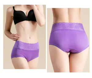 Detailed view of purple high-waisted silk panties with wide lace trim and smooth texture