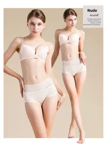Detail of nude silk panties with high waist and delicate floral lace edge for women