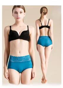 Front and back detail of high-waist silk panties with wide lace trim and black thin strap bra