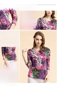 Detailed views of the round neckline and floral print on a silk knit summer top