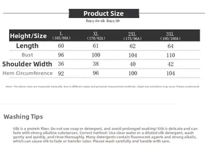 Detailed size chart for silk T-shirt with measurement data and washing instructions