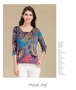 Close-up of vibrant paisley print and texture on a women silk top with three-quarter sleeves