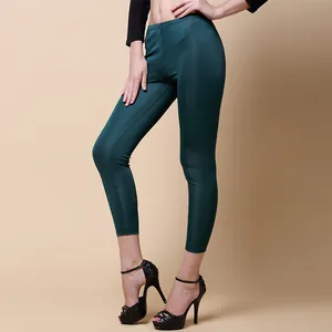 Women's slim fit dark green silk knit cropped pants with high waist slimming design