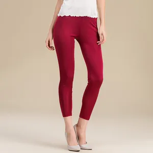 Women's silk knit slim-fit burgundy cropped leggings with smooth elastic finish
