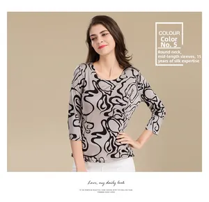 Detail of summer silk T-shirt showing round neck and taupe abstract print patterns