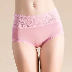 Pink high-waisted mulberry silk panties with elegant floral lace trim and smooth finish