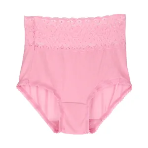 Women's high waist mulberry silk underwear with pink lace trim and breathable knit fabric