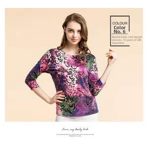 Detailed view of women's silk T-shirt featuring abstract floral print and round neckline