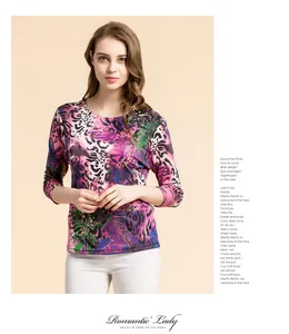 Detail of colorful abstract print on a premium silk knit top with elegant round neck