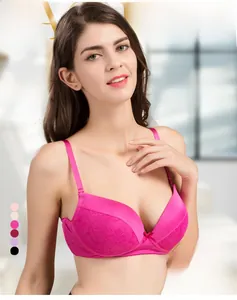 Detail of silk wireless bra with lace embroidery and 3D massage cups in rose red