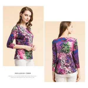 Front and back view of women's silk knit top featuring abstract leopard print patterns