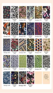 Detailed grid of 28 silk fabric swatches featuring floral, paisley, and leopard patterns