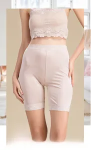 Detail of silk knit safety shorts with delicate lace trim on the hem and waistline