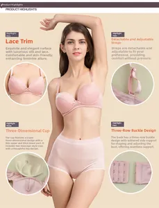 Detail view of pink silk bra set showing 3D molded cups and adjustable lace straps