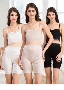 Detailed close-up of lace hem on silk knitted women's safety shorts and camisole set