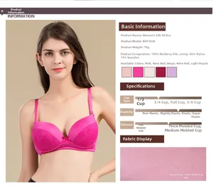 Detailed technical chart showing 100% mulberry silk composition and 3/4 cup bra features