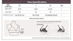 Size chart for women's silk bra showing measurements for M to XXL with measuring guide