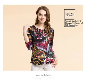Detail of silk top featuring vibrant geometric print and smooth premium fabric texture