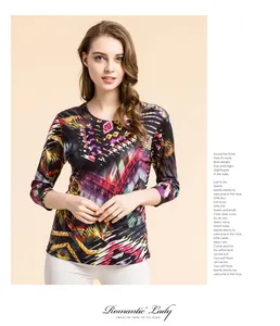 Close-up of geometric ethnic pattern on silk knit top with round neckline